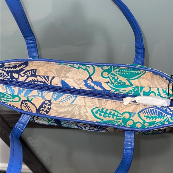 Vera Bradley Floral Blue and Green Small Trimmed Vera Tote Bag Santiago - Picture 8 of 9